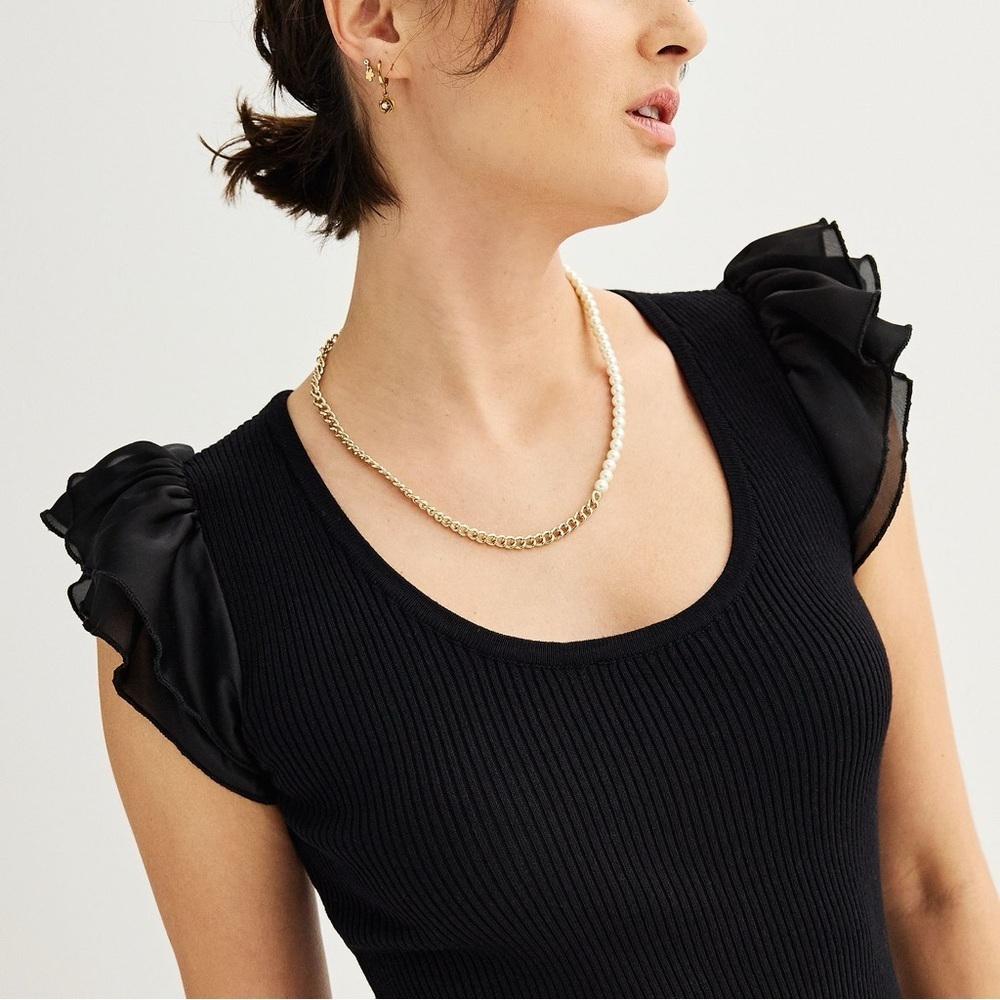 Philosophy Black Layered Flutter Sleeve Woven Rib Scoop Neck Top Size Large - Picture 4 of 14
